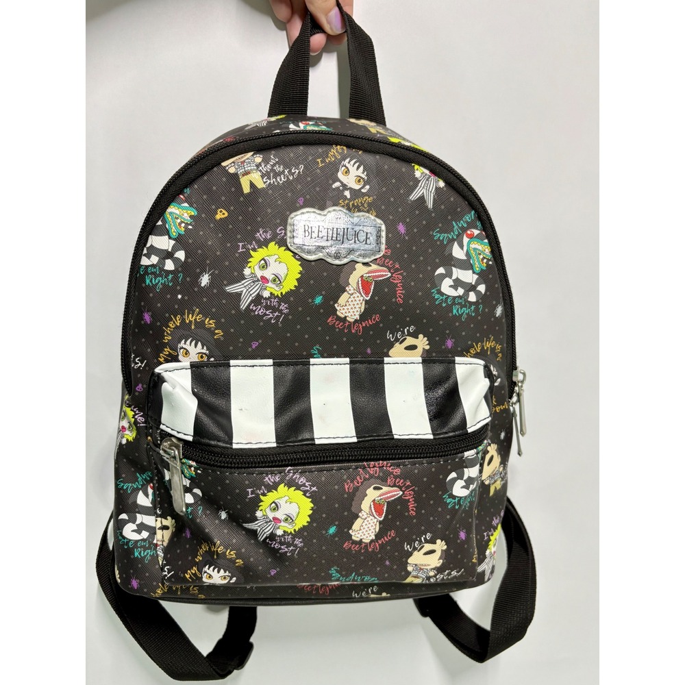 Beetlejuice Mini Backpack Chibi Character Print Black Striped Pocket Halloween